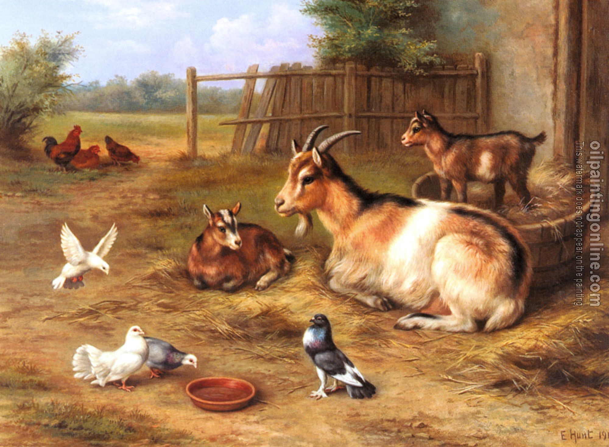 Edgar Hunt - A farmyard Scene With Goats Chickens Doves